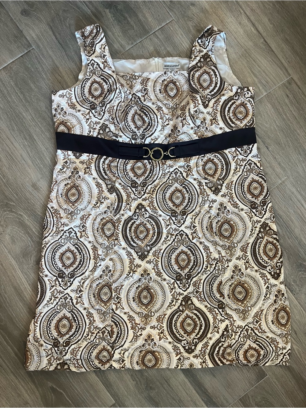 Jessica London Cream and Brown Paisley Belted Sleeveless Dress